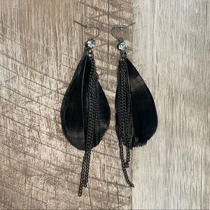 Black Feather Earrings with Chains and Gems